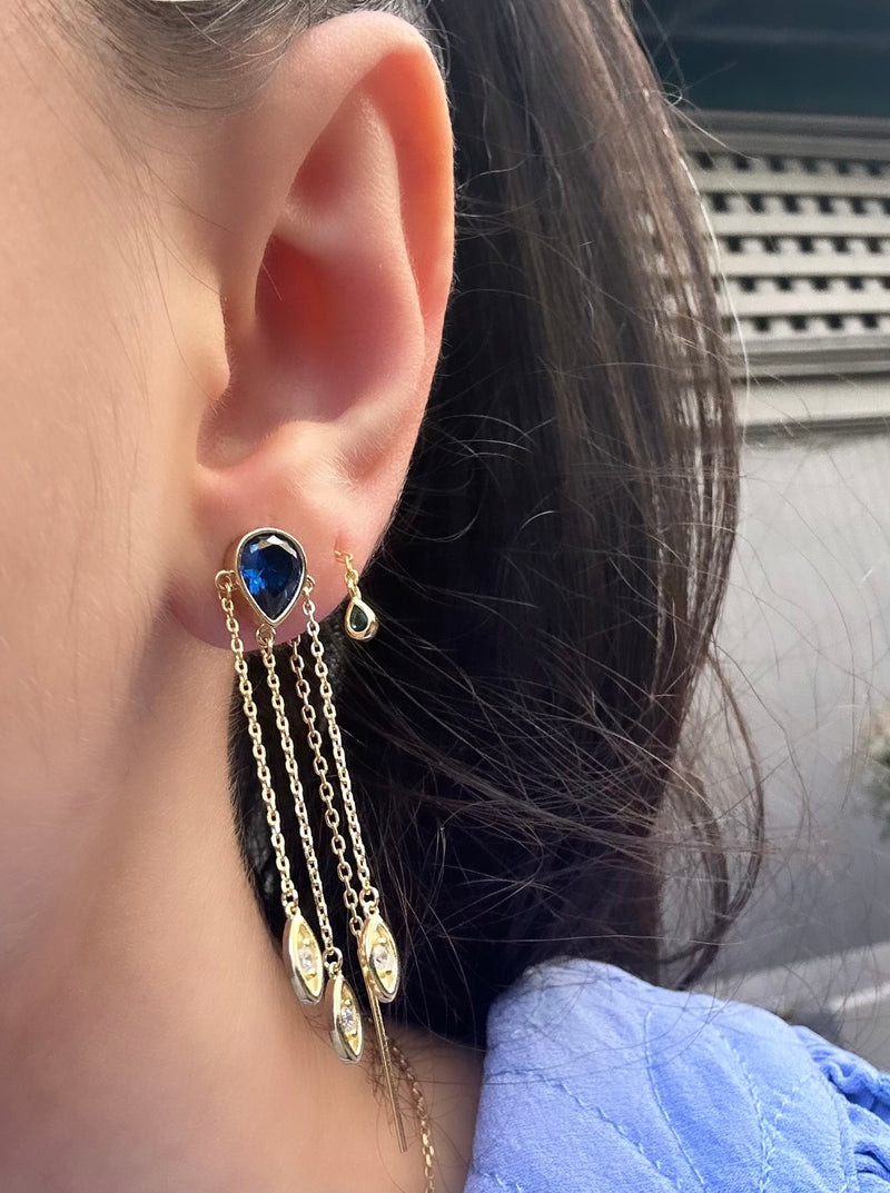 Bezel Sapphire Pear Chain Drop Earring