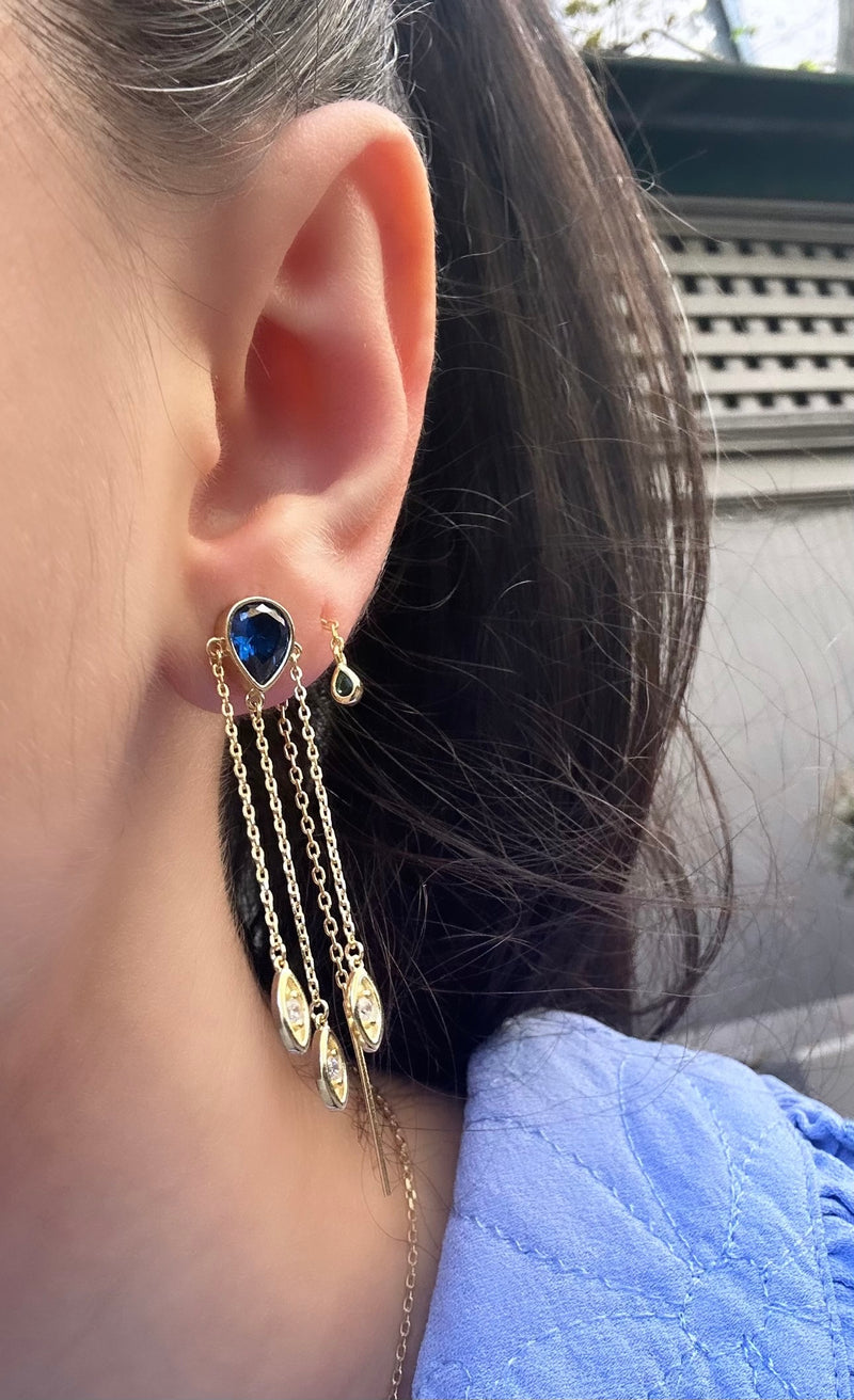 Bezel Sapphire Pear Chain Drop Earring